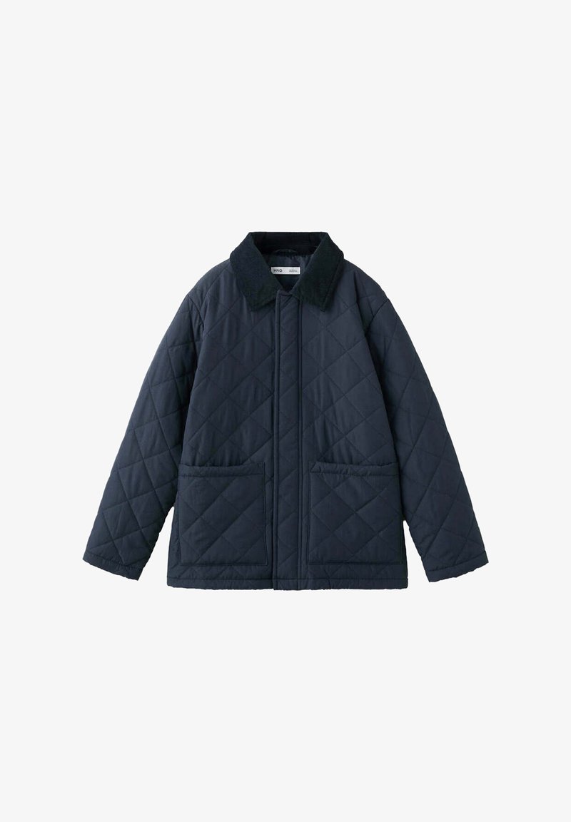 Veste matelassée bleu foncé avec col noir, fermeture éclair frontale et deux grandes poches avant, présentée sur fond blanc.