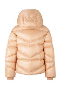 Jasnonudowy puchowy kurtał z kapturem, posiadający pikowany wzór, ściągacze na mankietach i błyszczące wykończenie. Widok z tyłu pokazuje szczegóły kaptura.