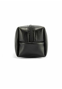 Czarna skórzana saszetka z zamkiem błyskawicznym, prostokątna forma, teksturowana powierzchnia i zaokrąglone rogi. Prosty design bez widocznych elementów metalowych.