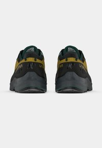 Juodos ir geltonos žygio bateliai su tekstūruota viršutine dalimi, žali akcentai ir tvirta padas. Yra paminkštinta apykaklė ir sustiprintas kulnas.