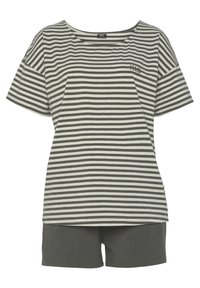 Gestreiftes grau-weißes Kurzarmoberteil mit lockerer Passform, kombiniert mit passenden anthrazitfarbenen Shorts. Aus weichem Baumwollmaterial.