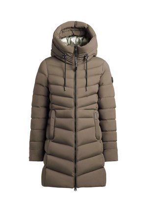 Giubbotto imbottito marrone con colletto alto e grande cappuccio, caratterizzato da una trapuntatura verticale, chiusura a zip anteriore e dettagli con coulisse. Materiale leggero.