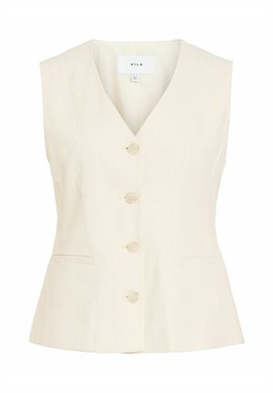 Női, bézs színű ujjatlan mellény V-nyakkivágással és négy hozzáillő gombbal elöl, két kis elülső zsebbel.