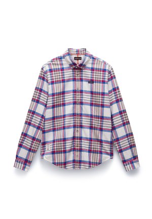 Camicia a maniche lunghe a quadri in bianco, blu, rosso e beige. Presenta un colletto button-down, tasca sul petto e orlo curvo con dettaglio dell'etichetta.