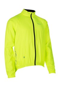 Lette, neon gul jakke med fuld frontlynlås, opretstående krave, elastiske manchetter og reflekterende detaljer på siderne.