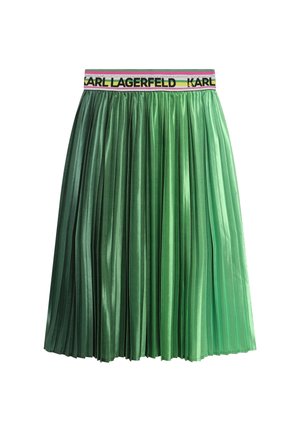 Plisseret grøn nederdel med bred elastik i taljen, der har "KARL LAGERFELD"-branding i sort samt dekorative lyserøde og sølvfarvede striber.