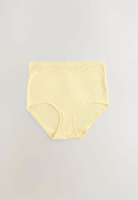 Geel katoenen slipjes met een geschulpte kantelastieke tailleband, zachte textuur, volledige dekking ontwerp en naadloze randen voor comfort.