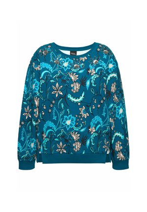 Teal sweatshirt med blomstermønster i blå og beige. Har rund halsudskæring, lange ærmer og ribbet kant forneden.