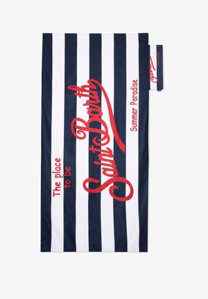 Granatowo-biały ręcznik w pionowe paski z czerwonym napisem "The place to be Saint Barth Summer Paradise" oraz dopasowana saszetka.