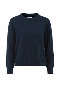 Marinblå stickad tröja med rund halsringning, långa ärmar och ribbade muddar. Mjuk textur med en klassisk passform och minimalistisk design.