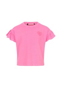 Roze T-shirt met korte mouwen en ruches, gemaakt van katoen, met een kleine reliëfopdruk van "ANGEL" op de voorkant.
