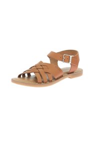 Mørk læder sandal med vævet stropdesign og ankelstrop. Har en flad sål med hvide syninger og en sølvfarvet spænde. 