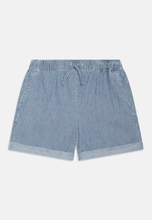 Shorts rayés bleu et blanc avec une taille élastique, un détail de cordon de serrage, deux poches latérales et un ourlet roulé. Fabriqués en tissu léger.