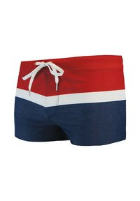Shorts de bain rouges et bleus avec une bande horizontale blanche. Dotés d'une taille à cordon et d'une texture de tissu lisse.