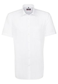 Krátký rukáv bílá košile z prodyšné tkaniny s knoflíkovou légou, klasickým límečkem a jednou kapsou na levé straně hrudi.