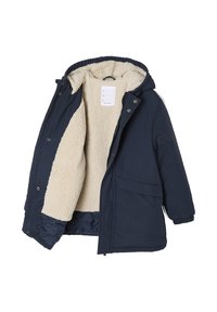Marineblaue Jacke mit einer weichen beigen Fleece-Innenseite, Kapuze, Fronttaschen und Knopfschlüssen; mit elastischen Bündchen und einer glatten Außenseite.