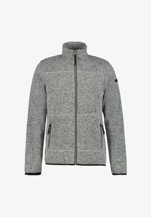 Gray zip-up jacket in a textured pattern with two front pockets, high collar, and black accents along the zippers and cuffs.