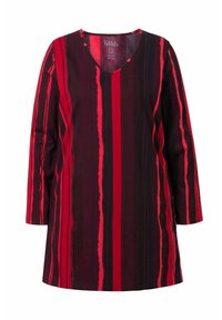 Red and black striped tunic with a V-neck, long sleeves, and shoulder buttons. Made from cotton with a smooth texture.