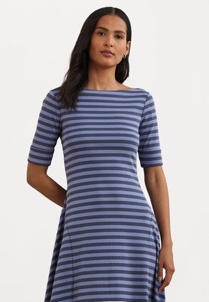 Striped dress in blue and dark navy, featuring short sleeves, a boat neckline, and an A-line silhouette with side pockets.