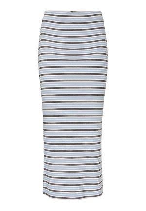 Falda lápiz a rayas en azul claro, con rayas verticales en negro y marrón. Confeccionada en tejido acanalado y con una silueta ajustada.