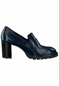 Mocassin en cuir verni bleu marine avec talon carré épais et semelle crantée, style à enfiler.