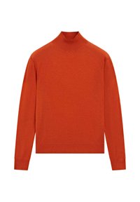 Langärmeliger Rollkragenpullover in verbranntem Orange mit gerippten Bündchen, Saum und Kragen vor weißem Hintergrund.