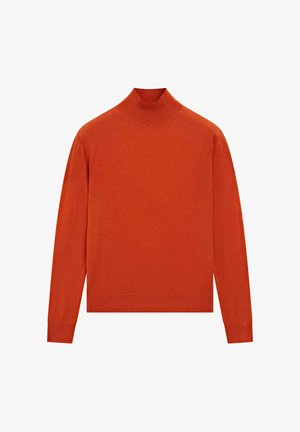 Maglione a collo alto color arancione bruciato a manica lunga con polsini, orlo e scollo a costine su sfondo bianco.