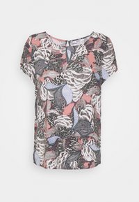Floral short-sleeve blouse in pink, featuring a variety of leaves and detailed patterns in dark green and blue, with a round neckline.