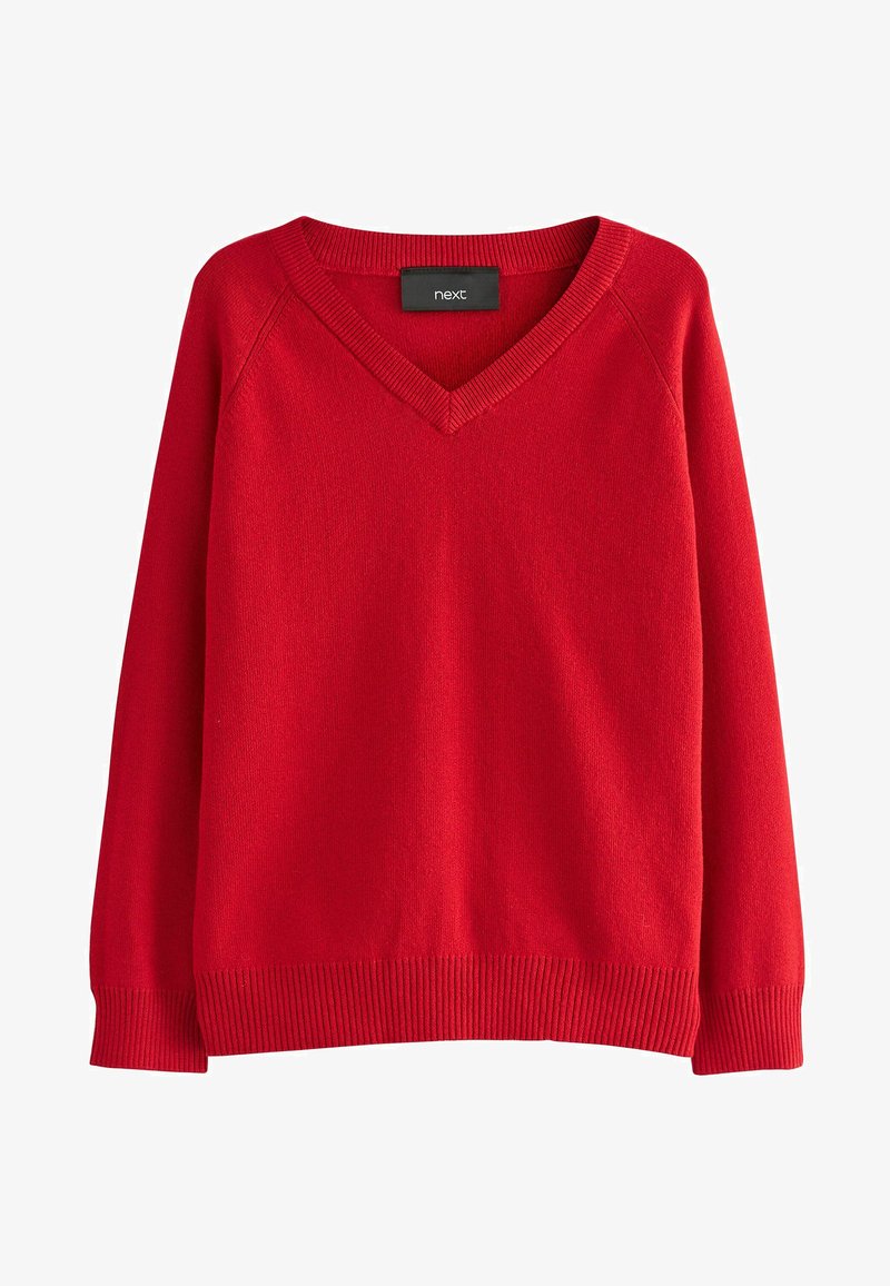 Roter V-Ausschnitt-Pullover mit langen Ärmeln. Weiches Material mit gerippten Bündchen und Saum. Etikett im inneren Halsbereich. Einfaches und klassisches Design.