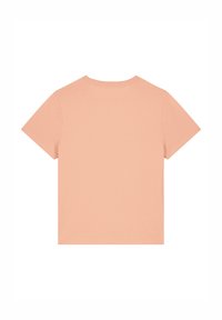 Perzikkleurig, kortaf t-shirt met een ronde halslijn, gemaakt van zachte stof; eenvoudig en schoon achterontwerp zonder grafische elementen of accenten.