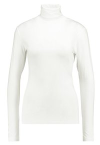 Weißes langärmliges Turtleneck-Oberteil aus glattem Stoff, mit figurnaher Passform und hohem Kragen. Einfach, ohne Muster oder Hardware-Details.