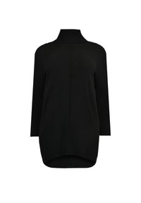 Maglione a collo alto nero a coste con maniche a tre quarti e orlo curvo. Tessuto liscio, dettagli minimali e vestibilità rilassata.