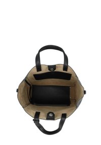 Black leather handbag with textured finish, open top, two handles, beige interior, one zippered pocket, and a snap closure detail.