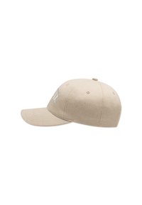 Beige Kappe mit gebogenem Schild, aus strukturiertem Stoff, mit einem dezenten Logo-Detail auf der Vorderseite, sechs Belüftungsöffnungen.