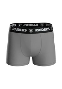 Szare bokserki z czarnym pasem na talii, na którym widnieje napis "RAIDERS" w białym kolorze oraz logo. Gładka faktura i dopasowany krój zapewniające komfort.