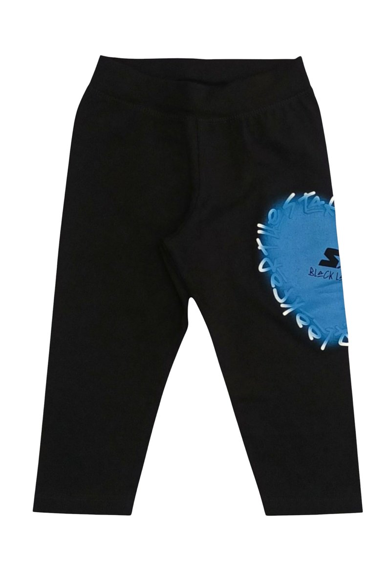 Leggings neri con una grafica circolare blu che presenta testo e accenti bianchi, realizzati in un materiale morbido e elasticizzato.