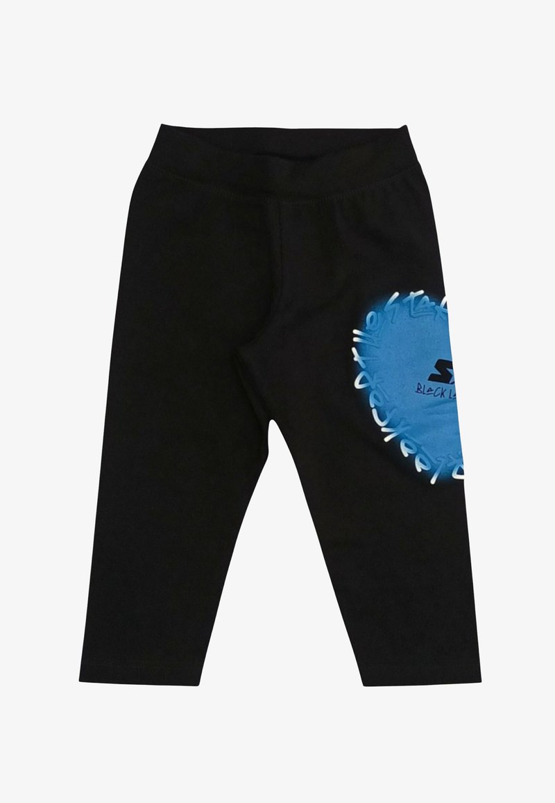 Leggings neri con una grafica circolare blu che presenta testo e accenti bianchi, realizzati in un materiale morbido e elasticizzato.