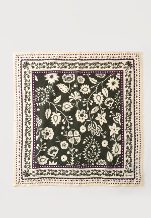 Quadratisches Tuch mit schwarzem Hintergrund und weißen Blumenmustern, umrandet von weißen und violetten dekorativen Rändern.