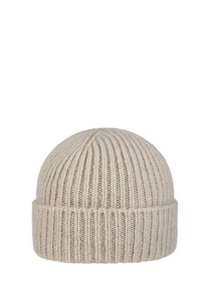 Beige geripptes Strickmütze mit umgeschlagenem Rand, entworfen für Wärme und Komfort.