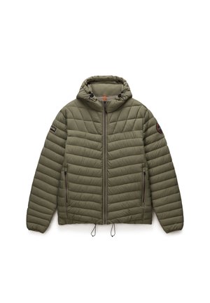 Giacca imbottita verde oliva con cappuccio, design trapuntato, chiusura con zip, due tasche laterali e cordini regolabili all'orlo.