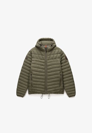 Giacca imbottita verde oliva con cappuccio, design trapuntato, chiusura con zip, due tasche laterali e cordini regolabili all'orlo.