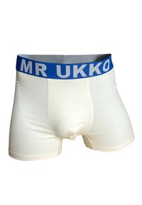 Mutande boxer bianche con un elastico blu in vita che presenta la scritta "MR UKKO" in bianco. Il tessuto appare liscio ed elastico.