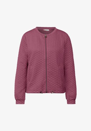 Quiltet lilla jakke med fuld lynlås foran, rund halsudskæring, lange ærmer, sidelommer og justerbare snore i bunden.