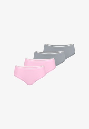Vier Paare Damenunterwäsche: ein pinkes und drei graue. Alle aus weichem Stoff, mit elastischem Bund und glattem Finish.