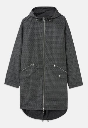 Black waterproof parka with a geometric pattern, front zipper, two zippered pockets, and adjustable drawstring at the hem.