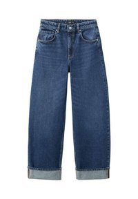 Ciemnoniebieskie dżinsy z denimu o wysokim stanie, prostych nogawkach, wywiniętym mankiecie i klasycznym fasonie z pięcioma kieszeniami. Charakteryzują się kontrastującym przeszyciem.