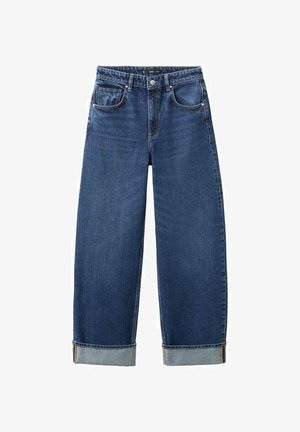 Jean en denim bleu foncé avec taille haute, coupe droite, ourlet retourné et style classique à cinq poches. Présente des coutures contrastées.