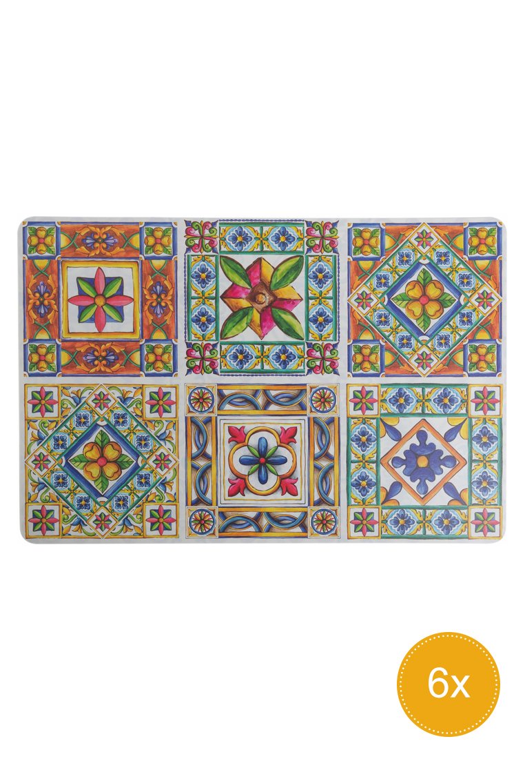 Sześć ceramicznych płytek z kolorowymi geometrycznymi i kwiatowymi wzorami w odcieniach pomarańczowym, zielonym, niebieskim, różowym i żółtym.