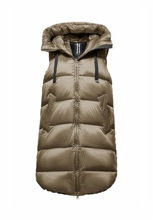 Weste aus Pufferstoff in Olivgrün, mit hohem Kragen, Reißverschluss vorne, zwei seitlichen Taschen und schwarzen Zugbändern. Glattes, glänzendes Material, gesteppter Look.