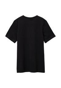 Czarny t-shirt z krótkim rękawem, wykonany z bawełny, z okrągłym dekoltem i gładkim wzorem, z detalami ze szwów wzdłuż rękawów i dołu.